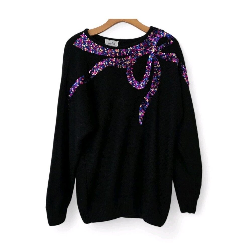 Vintage 80s Sostanza Sweater‎ Silk Angora Black With Colorful Sequins